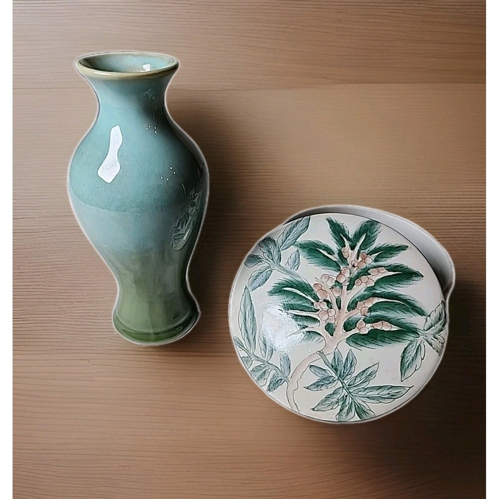 VTG Lot 2 Handpainted 5" Round Trinket Jar w/Lid & 6.25" Celadon Bud Vase Asia